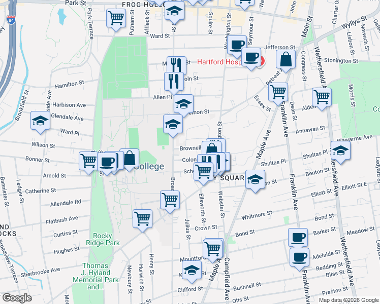 map of restaurants, bars, coffee shops, grocery stores, and more near 50-52 Brownell Avenue in Hartford