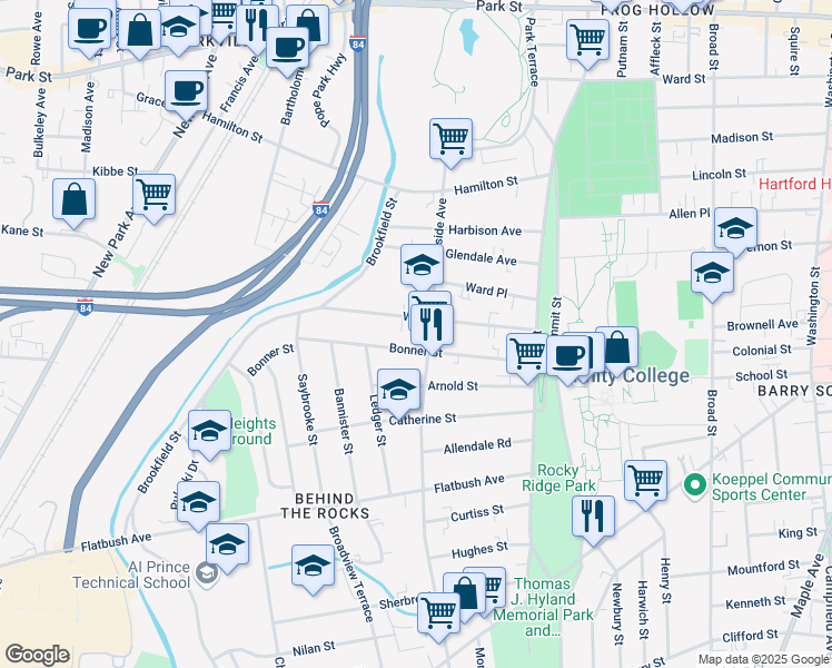 map of restaurants, bars, coffee shops, grocery stores, and more near 108 Wilson Street in Hartford