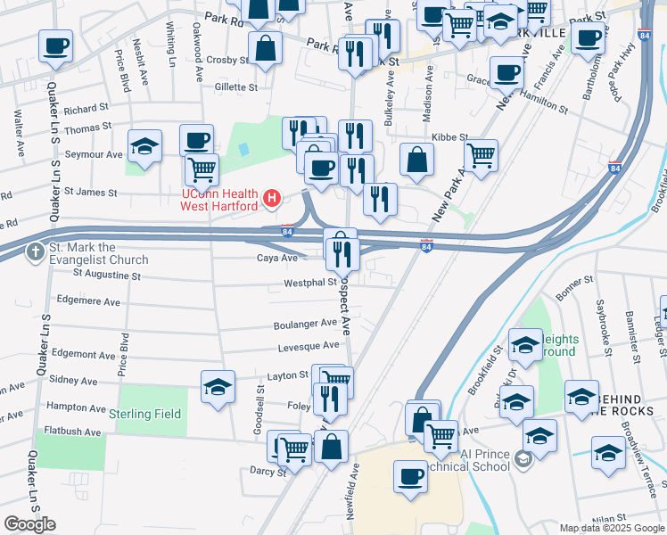 map of restaurants, bars, coffee shops, grocery stores, and more near 127 Prospect Avenue in Hartford