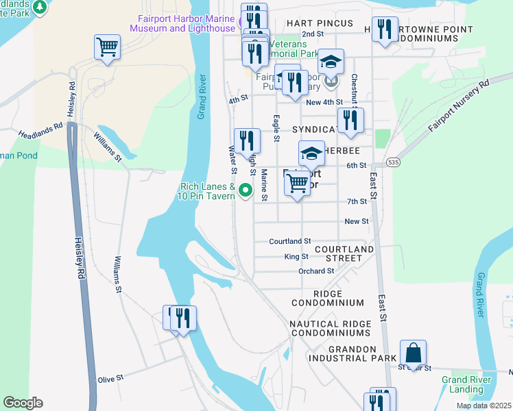 map of restaurants, bars, coffee shops, grocery stores, and more near 625 High Street in Fairport Harbor