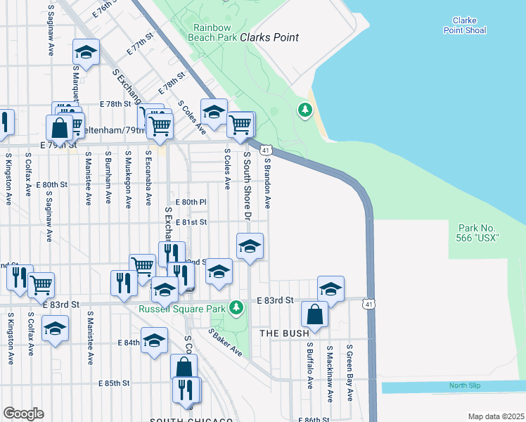 map of restaurants, bars, coffee shops, grocery stores, and more near 8021 South South Shore Drive in Chicago