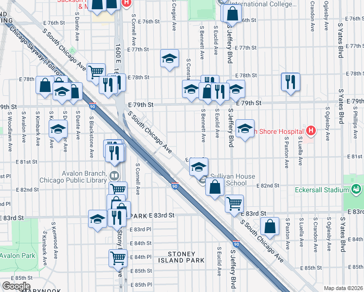 map of restaurants, bars, coffee shops, grocery stores, and more near 8004 South Constance Avenue in Chicago