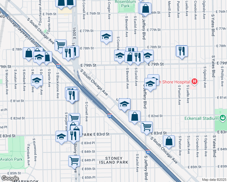 map of restaurants, bars, coffee shops, grocery stores, and more near 8004 South Constance Avenue in Chicago