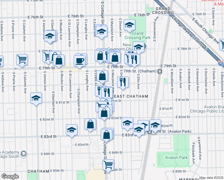 map of restaurants, bars, coffee shops, grocery stores, and more near 815 East 80th Street in Chicago