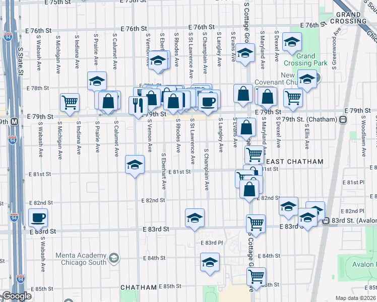 map of restaurants, bars, coffee shops, grocery stores, and more near 542 East 80th Street in Chicago
