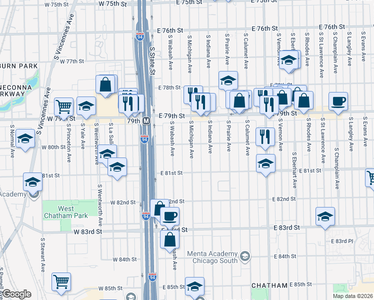 map of restaurants, bars, coffee shops, grocery stores, and more near 7953 South Michigan Avenue in Chicago