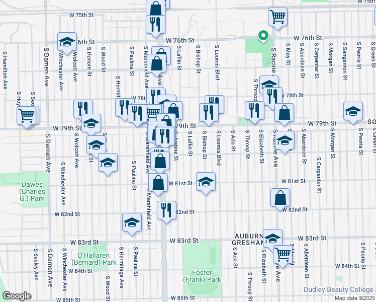 map of restaurants, bars, coffee shops, grocery stores, and more near 7926 South Laflin Street in Chicago