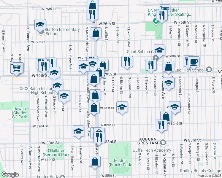 map of restaurants, bars, coffee shops, grocery stores, and more near 7926 South Laflin Street in Chicago