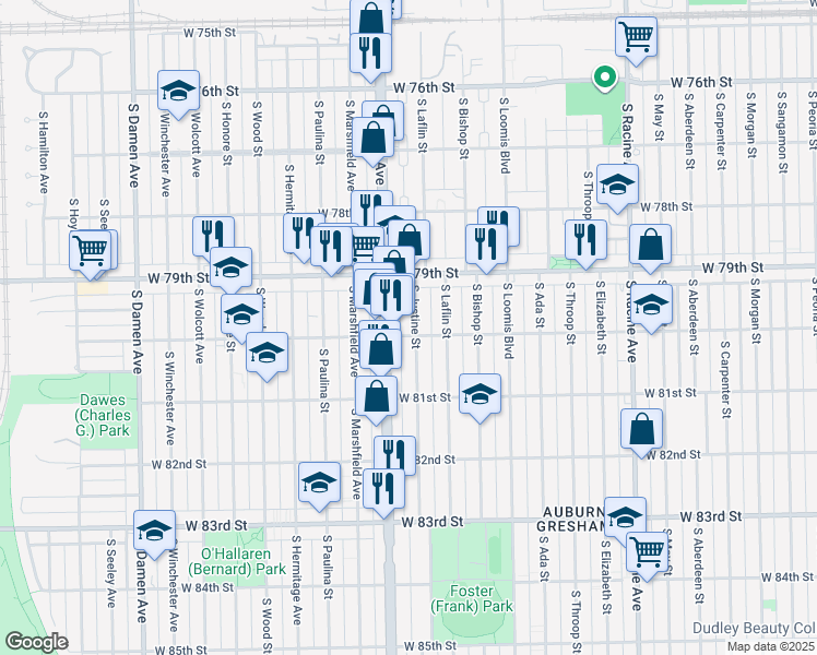 map of restaurants, bars, coffee shops, grocery stores, and more near 7927 South Ashland Avenue in Chicago