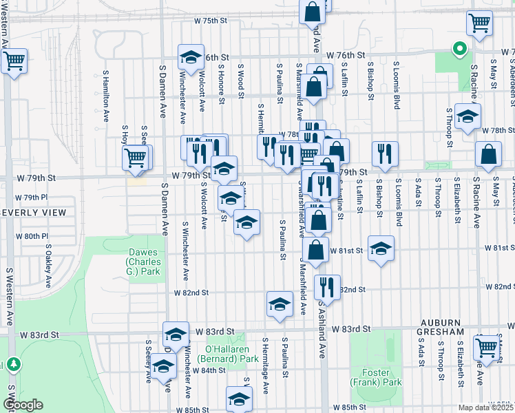 map of restaurants, bars, coffee shops, grocery stores, and more near 7928 South Hermitage Avenue in Chicago