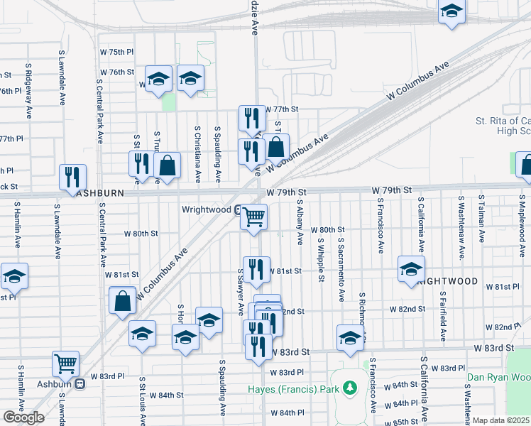 map of restaurants, bars, coffee shops, grocery stores, and more near in Chicago