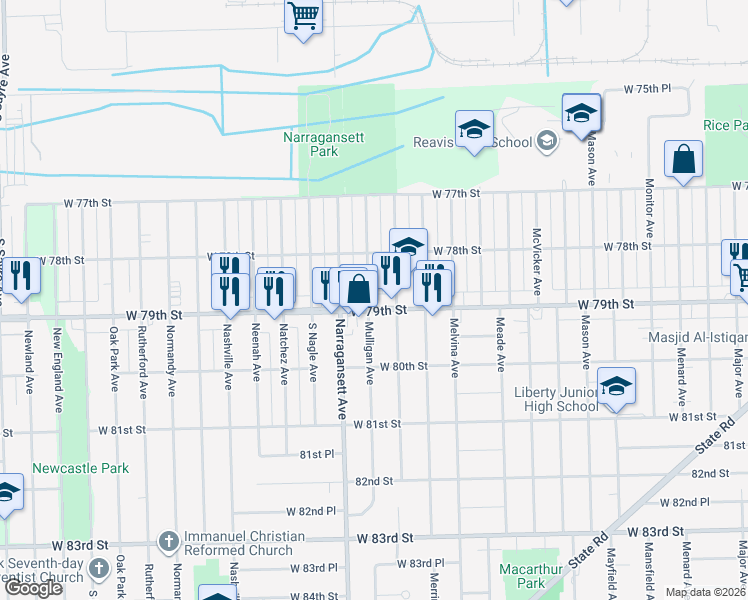 map of restaurants, bars, coffee shops, grocery stores, and more near 7837 Mulligan Avenue in Burbank
