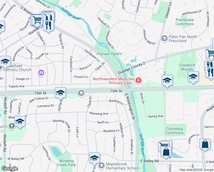map of restaurants, bars, coffee shops, grocery stores, and more near 21 Tupelo Avenue in Naperville