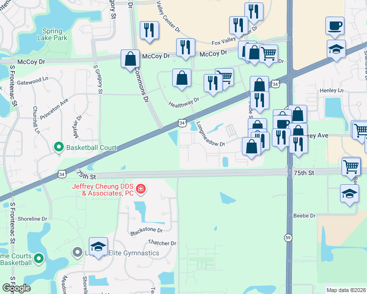 map of restaurants, bars, coffee shops, grocery stores, and more near 4105 Chesapeake Drive in Aurora