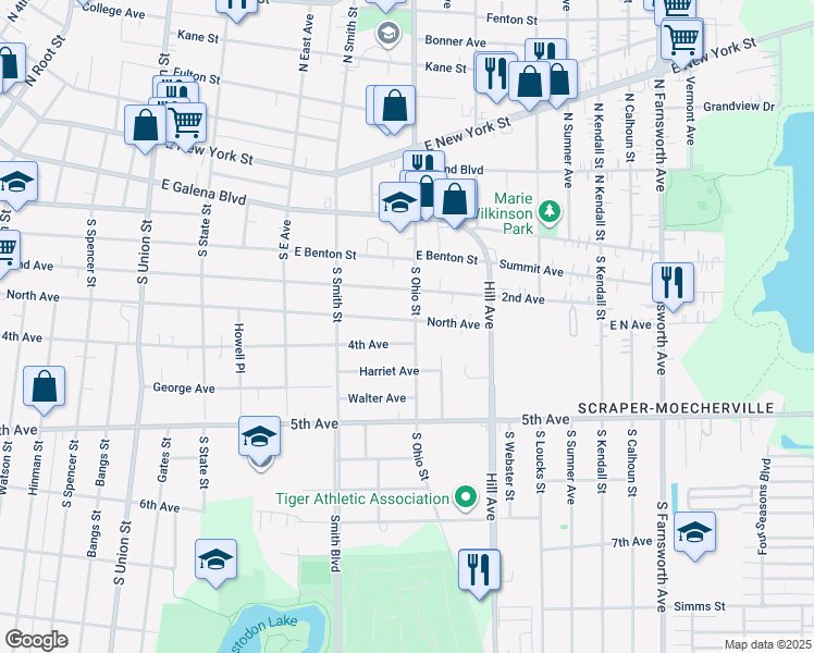 map of restaurants, bars, coffee shops, grocery stores, and more near 959 2nd Avenue in Aurora