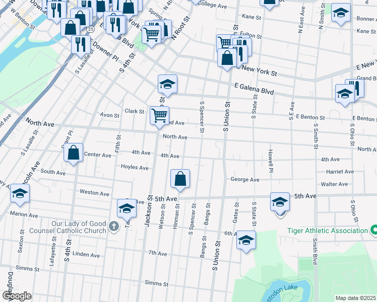 map of restaurants, bars, coffee shops, grocery stores, and more near 583 North Avenue in Aurora