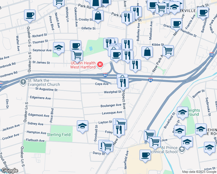 map of restaurants, bars, coffee shops, grocery stores, and more near 43 Caya Avenue in West Hartford