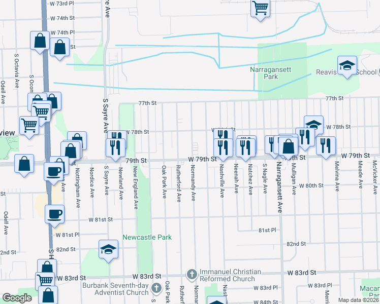 map of restaurants, bars, coffee shops, grocery stores, and more near 7825 Normandy Avenue in Burbank