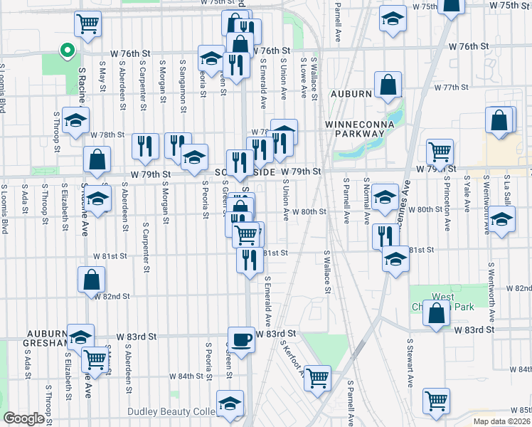map of restaurants, bars, coffee shops, grocery stores, and more near 8000 South Emerald Avenue in Chicago