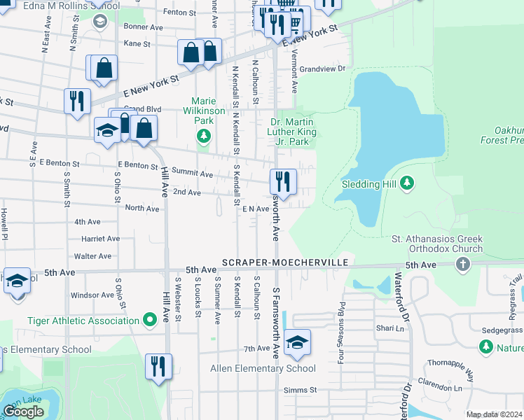 map of restaurants, bars, coffee shops, grocery stores, and more near 1350 East North Avenue in Aurora