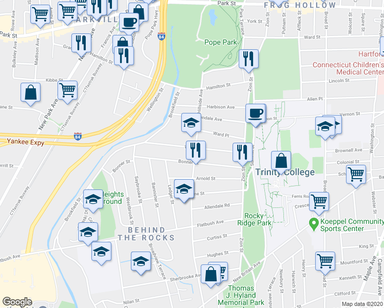 map of restaurants, bars, coffee shops, grocery stores, and more near 151 Hillside Avenue in Hartford
