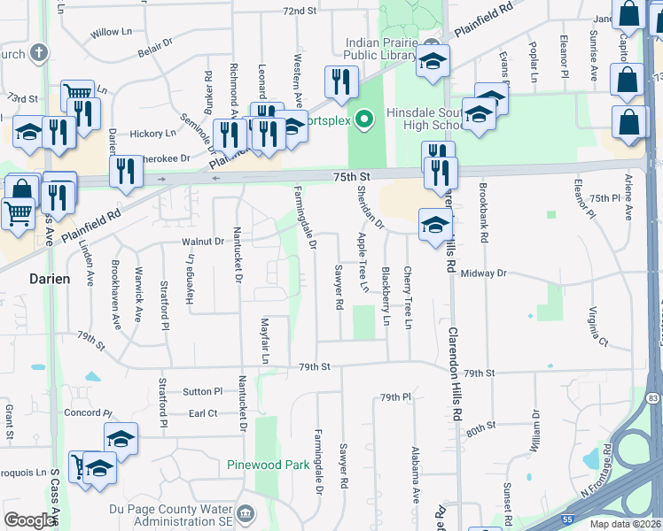 map of restaurants, bars, coffee shops, grocery stores, and more near 1622 Sawyer Road in Darien