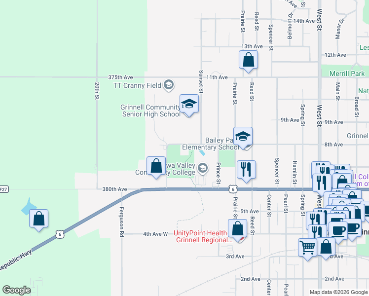 map of restaurants, bars, coffee shops, grocery stores, and more near 92-98 8th Avenue in Grinnell