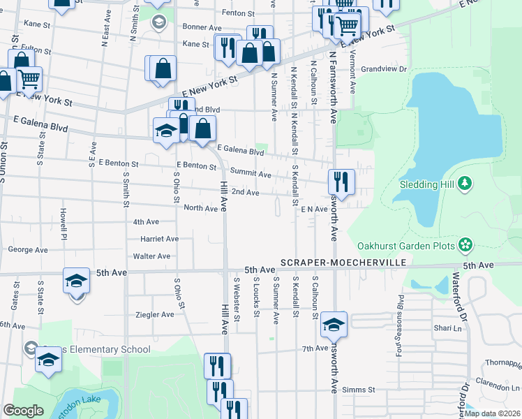 map of restaurants, bars, coffee shops, grocery stores, and more near 1215 2nd Avenue in Aurora