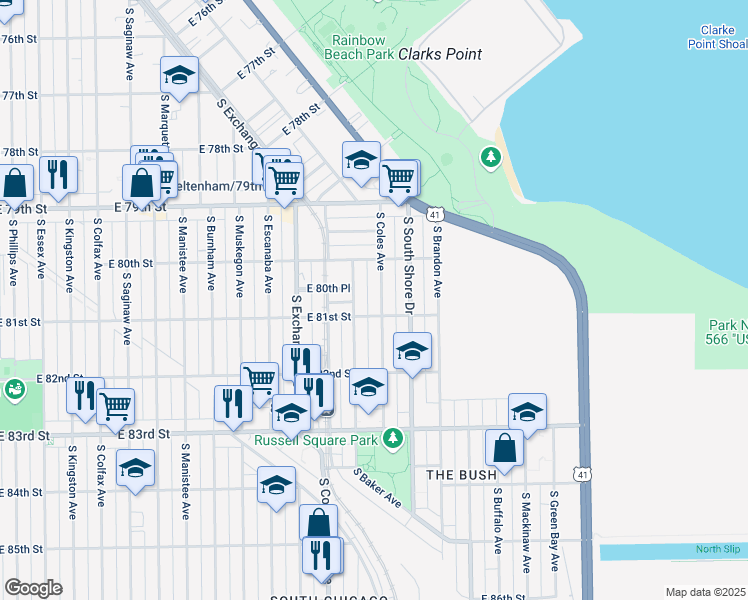 map of restaurants, bars, coffee shops, grocery stores, and more near 8023 South Coles Avenue in Chicago
