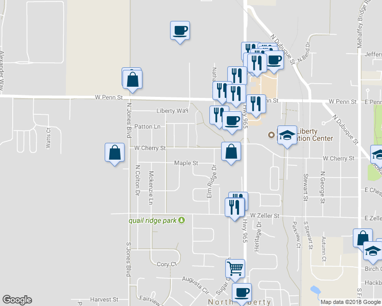 map of restaurants, bars, coffee shops, grocery stores, and more near 877 West Cherry Street in North Liberty