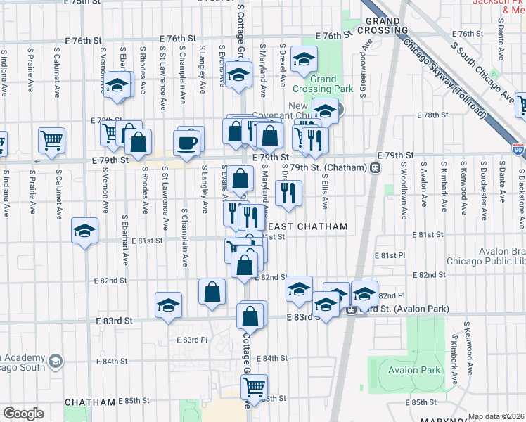 map of restaurants, bars, coffee shops, grocery stores, and more near 815 East 80th Street in Chicago