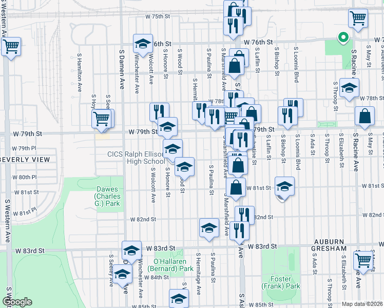 map of restaurants, bars, coffee shops, grocery stores, and more near 7928 South Hermitage Avenue in Chicago