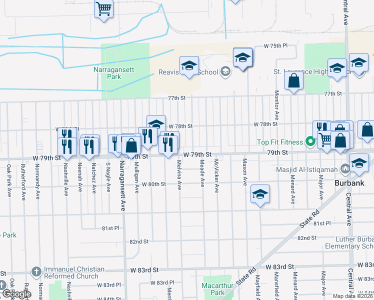 map of restaurants, bars, coffee shops, grocery stores, and more near 7831 Moody Avenue in Burbank