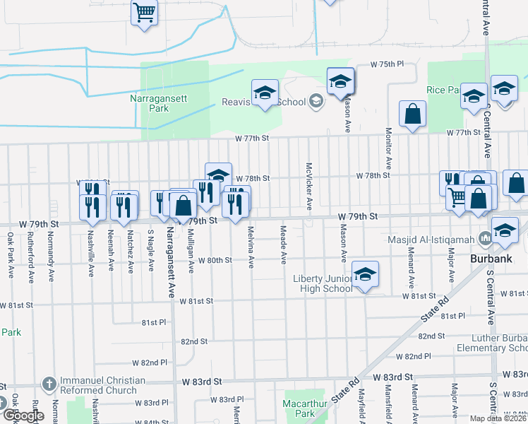 map of restaurants, bars, coffee shops, grocery stores, and more near 7831 Moody Avenue in Burbank