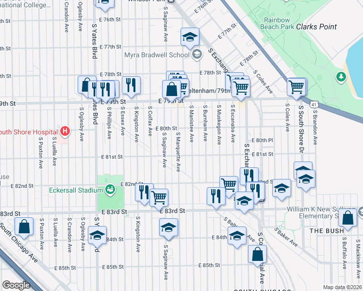 map of restaurants, bars, coffee shops, grocery stores, and more near 8039 South Marquette Avenue in Chicago