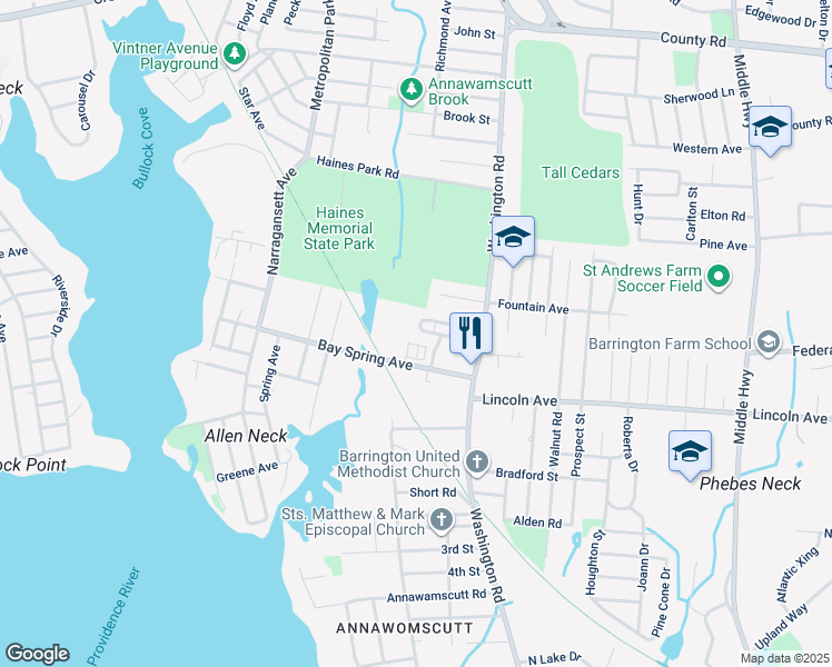 map of restaurants, bars, coffee shops, grocery stores, and more near 37 Sweet Briar Road in Barrington