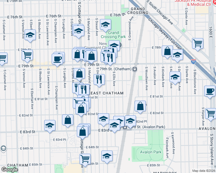 map of restaurants, bars, coffee shops, grocery stores, and more near 8021 South Ingleside Avenue in Chicago