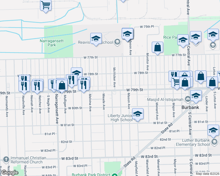map of restaurants, bars, coffee shops, grocery stores, and more near 7843 Meade Avenue in Burbank