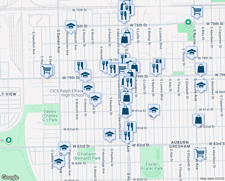 map of restaurants, bars, coffee shops, grocery stores, and more near 7926 South Paulina Street in Chicago