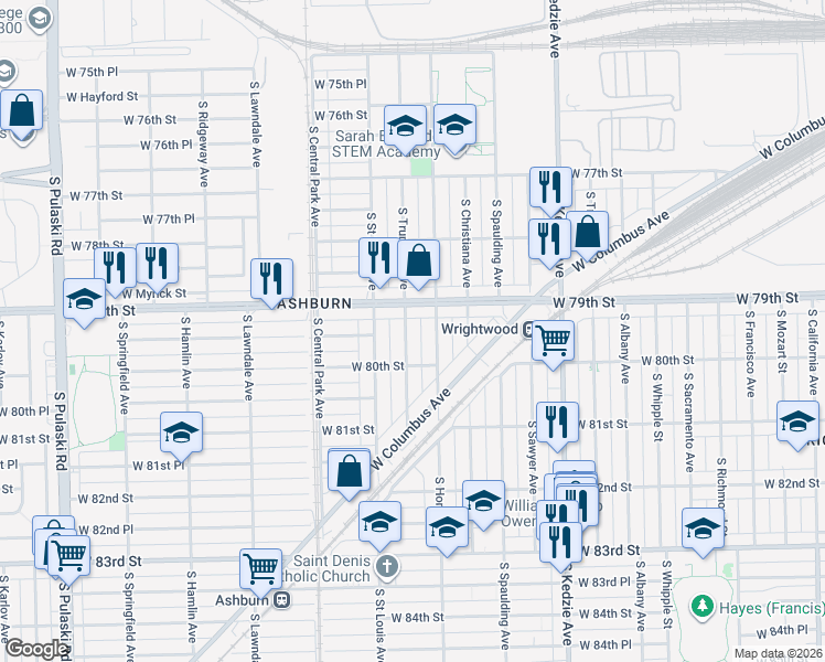map of restaurants, bars, coffee shops, grocery stores, and more near 3417 West 79th Street in Chicago