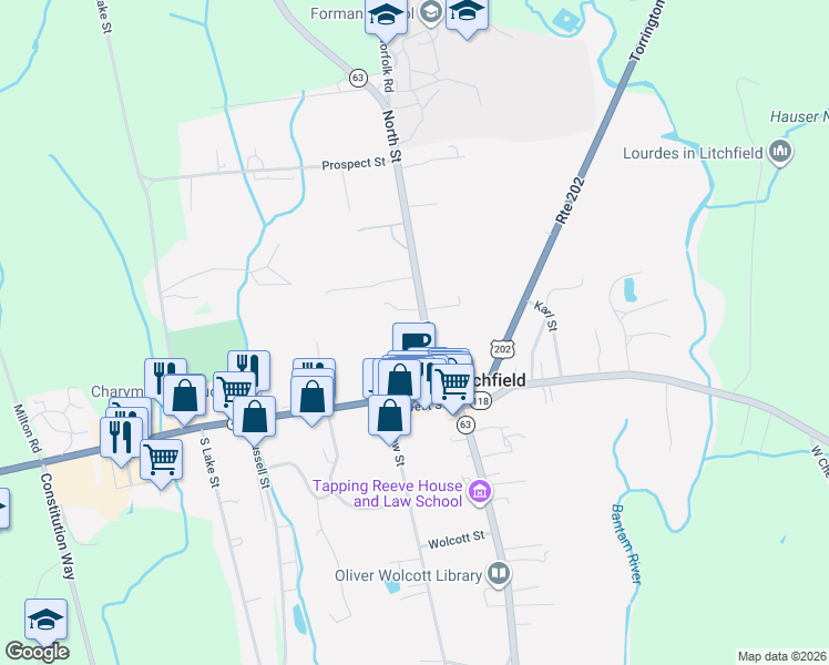 map of restaurants, bars, coffee shops, grocery stores, and more near 47 North Street in Litchfield