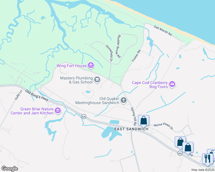 map of restaurants, bars, coffee shops, grocery stores, and more near 1 Hill Wood Way in Sandwich