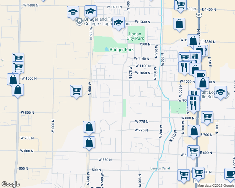 map of restaurants, bars, coffee shops, grocery stores, and more near 441 West 950 North in Logan