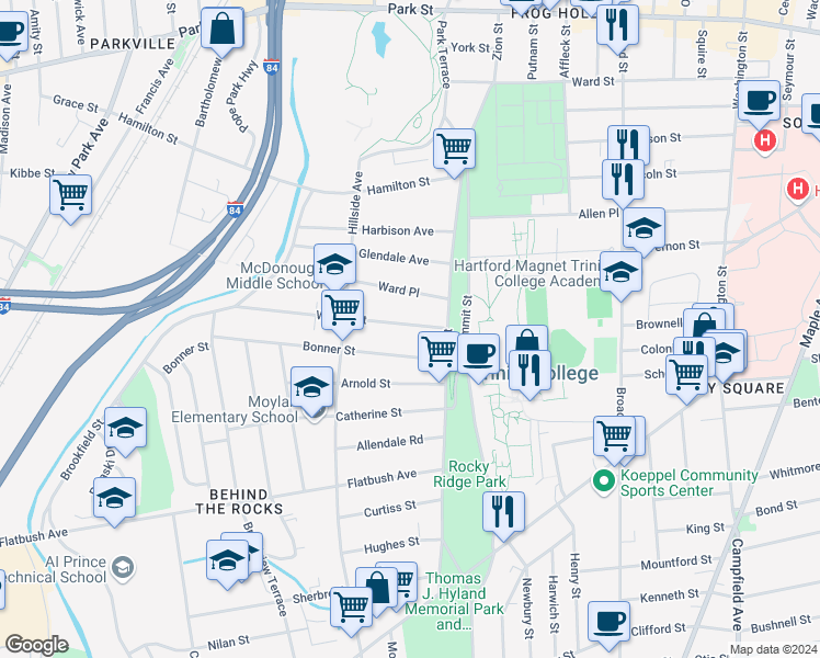 map of restaurants, bars, coffee shops, grocery stores, and more near 44 Wilson Street in Hartford