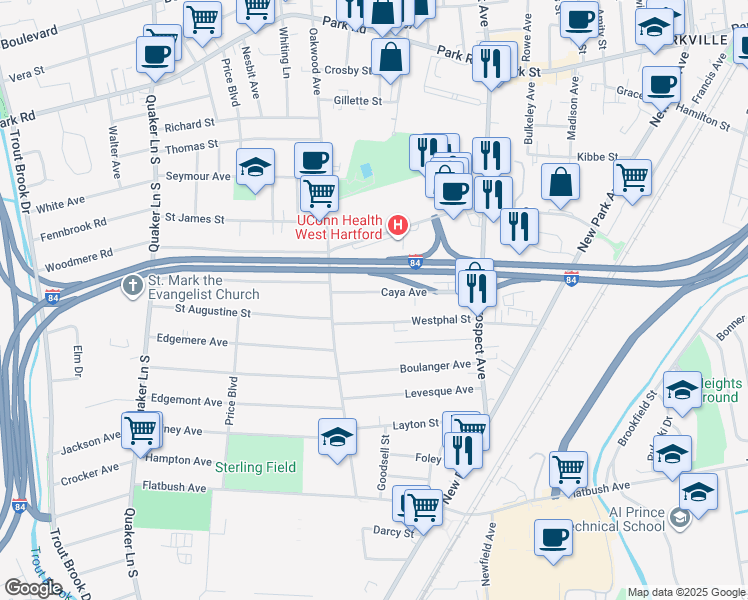 map of restaurants, bars, coffee shops, grocery stores, and more near 104 Caya Avenue in West Hartford