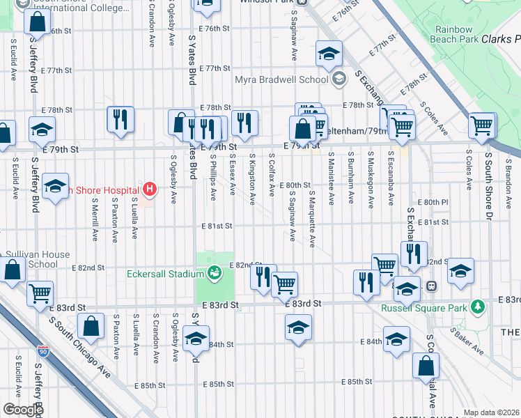 map of restaurants, bars, coffee shops, grocery stores, and more near 8011 South Kingston Avenue in Chicago