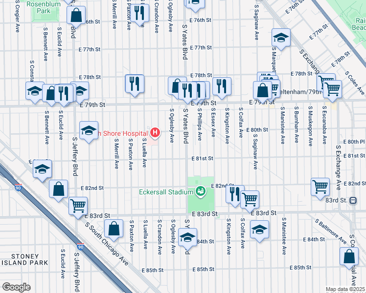 map of restaurants, bars, coffee shops, grocery stores, and more near 8011 South Oglesby Avenue in Chicago