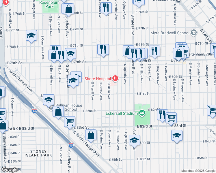 map of restaurants, bars, coffee shops, grocery stores, and more near 8008 South Luella Avenue in Chicago