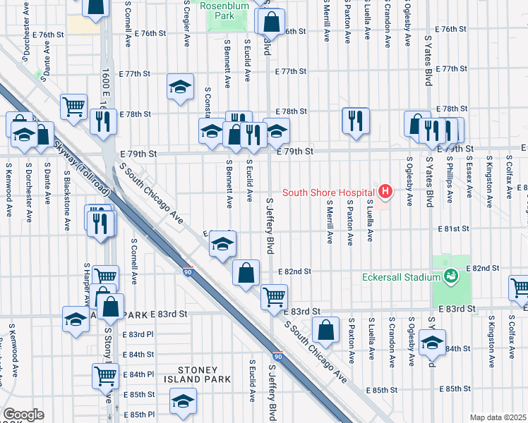 map of restaurants, bars, coffee shops, grocery stores, and more near 8000 South Jeffery Boulevard in Chicago