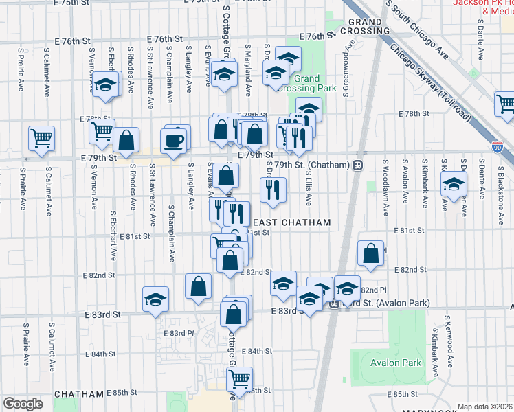 map of restaurants, bars, coffee shops, grocery stores, and more near 856 East 80th Street in Chicago